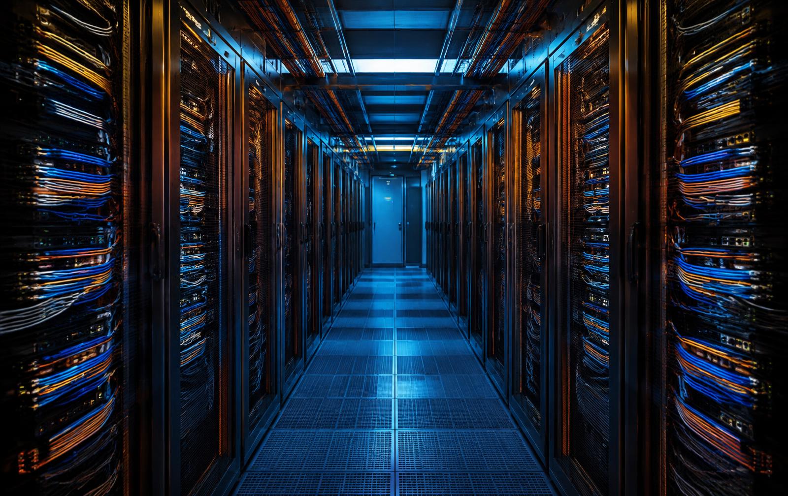 Rows of server racks with organised cabling in a data centre