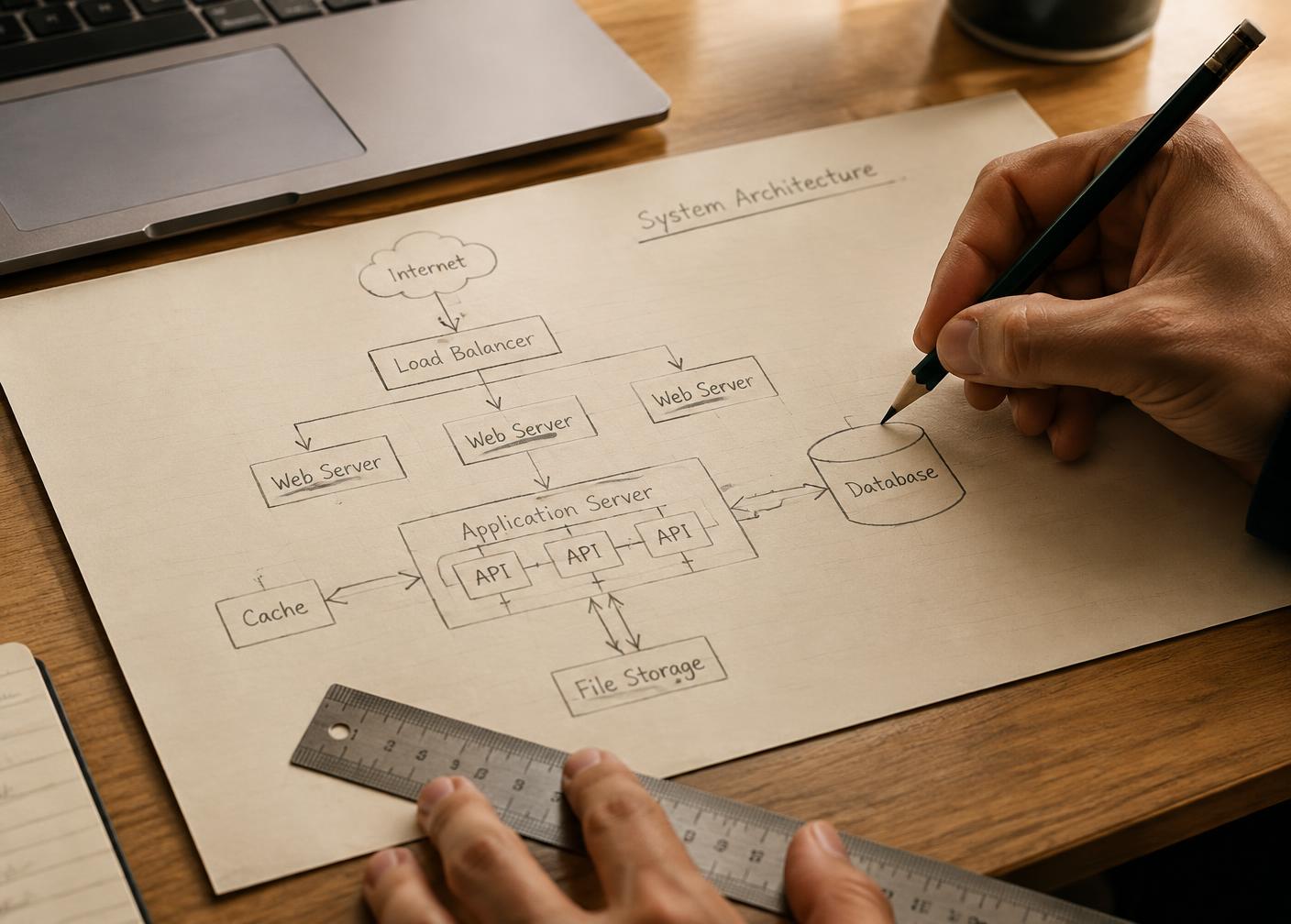 Engineer drawing a system architecture diagram on paper